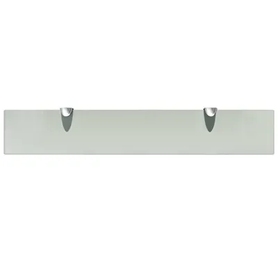 A minimalist product shot of a glass shelf with two metal brackets.