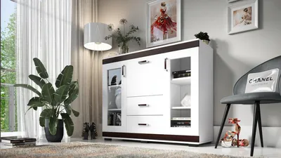 Produktbild von Kombikommode P27, 2 Vitrinentüren, 2 Schubkästen, Barschrank, B130xH106xT43 cm, komplett vormontiert - Weiß mit Wenge-Leisten