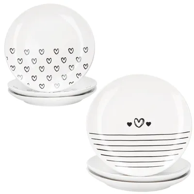 Obrázek produktu pro Sada 6 porcelánových talířů na dort Cupid, 18,5 cm, černobílé pruhy ve tvaru srdce