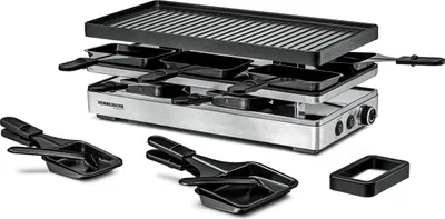 A disassembled raclette grill with its accessories laid out on a white background.