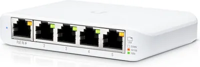 A white Ubiquiti UniFi Switch USW-Flex-Mini is shown from a slightly elevated, diagonal angle.