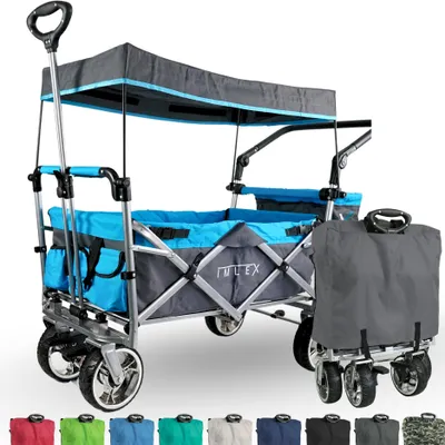 Produktbild von IMLEX Bollerwagen faltbar mit Dach IM-4268 Azurblau | Hohe Stabilität, 1X 3-Punkt Gurtsystem | Handwagen klappbar mit Schiebegriff ideal für 2 Kinder
