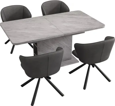 Produktbild von Esszimmer Set 130x70x75cm Grau Esstisch 4 Staehle PolyurethanLoungesessel Vier Metallfaesse Erweiterbar Stauraum Rechteckiger Tisch Esszimmerstuhl Set