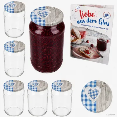 Zdjęcie produktu dla Zestaw 6 szklanek "Sturzglas", pojemność 1062 ml, drewniane serce, niebieski wzór w kratkę, z pokrywkami, instrukcja z przepisami