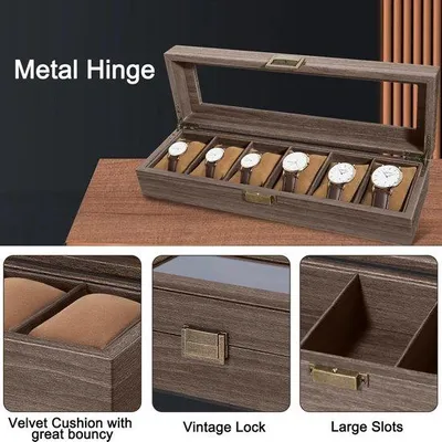 Image de Boîte à montres en bois - 6 compartiments - Boîte de rangement - CuirPolyuréthane- Couvercle en verre