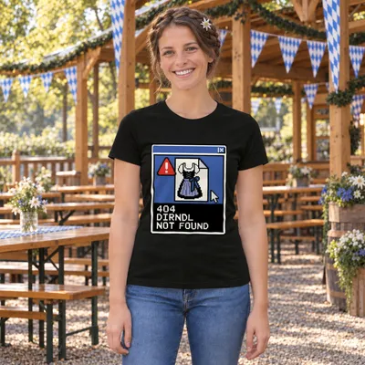 Immagine prodotto di 404: Dirndl non trovato. Abbigliamento tradizionale per l'Oktoberfest, camicia con motivo "Wiesn", pantaloni in pelle, maglietta da donna, nera, taglia S