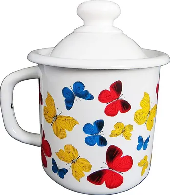 Produktbild von Schmetterlinge Emaille Tasse Becher mit Deckel 1 Liter ca 12cm Durchmesser / Retro Nostalgie Geschirr