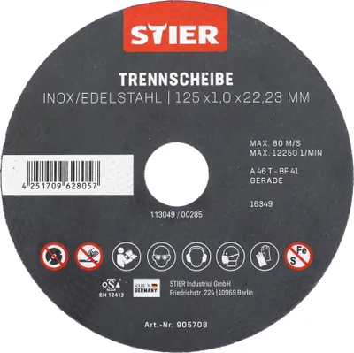 Produktbild von STIER Trennscheibe Edelstahl 125 x 1,0 x 22,23 mm, Form gerade