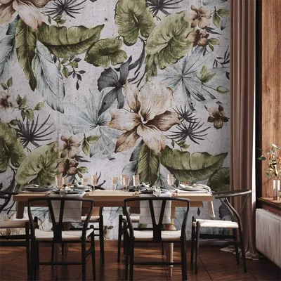 Produktbild von Vlies Fototapete - Nature in retro style - jungle landscape with pale leaves and flowers 250x175 cm Blätter b-A-10156-a-b