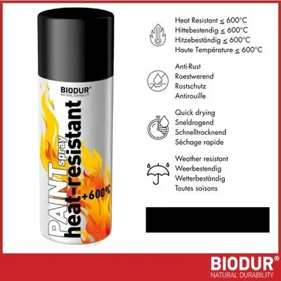 Productafbeelding van BIODUR Hittebestendige Siliconen Spuitverf - Zwart - 400ml - Tot 600°C - Anti-roest - Weersbestendig - Binnen/Buiten