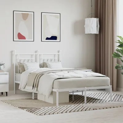 Image de The Living Store Cadre de lit avec tête de lit en métal blanc 120x190 cm
