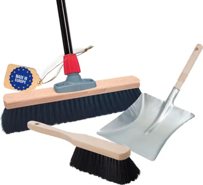 Produktbild von Novaliv Besen 40 cm mit Stiel Saalbesen Kunstborsten inkl. Kehrgarnitur verzinkt bestehend aus Kehrblech und Handfeger besen fein Ideal als Werkstattbesen Hallenbesen Hausbesen mit Stiel