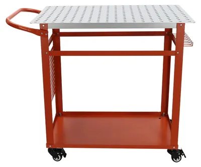 Obrázok produktu pre Zváračský stôl – pracovná doska z ocele na kolieskach – 91 x 61 cm – nosnosť 272 kg – perforovaná doska s otvormi v rozmere 5 cm – 2 odkladacie plochy a držiaky na náradie – červená farba