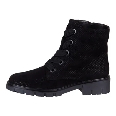 A black lace-up boot is shown from the side against a white background.