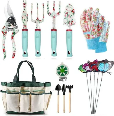 Immagine prodotto di Set di attrezzi da giardino Famanu, 16 pezzi, con custodia – motivo floreale