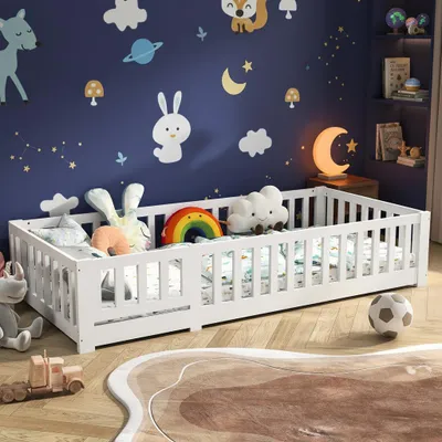 Produktbild von INONEFT Kinderbett 90 x 200 cm, Einzelbett mit Lattenrost und Seitengittern, Jugendbett aus Massivholz mit einer Tür, weiß, ohne Matratze, KI-generiertes Bild