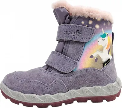 A single purple winter boot with a unicorn and rainbow design.