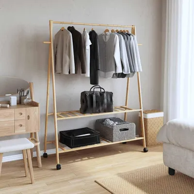 Zdjęcie produktu dla vidaXL Wieszak na ubrania z półkami i kółkami 132x45,5x155,5 cm bambusowy