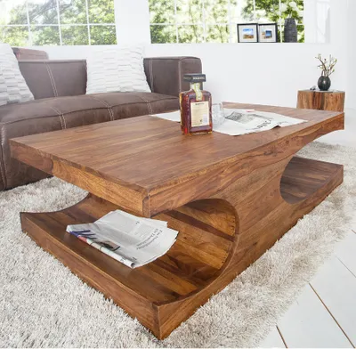 Image de riess-ambiente Table basse design CUBUS 120cm marron sheesham massif stone finish avec espace de rangement