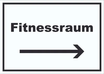 Produktbild von Fitnessraum Schild mit Text und Richtungspfeil rechts Sport Fit waagerecht A4 Rückseite selbstklebend
