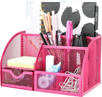 Zdjęcie produktu dla Ibenzoa® Organizer na biurko (metalowa siatka) – 7 przegródek z wysuwaną szufladą, wymiary 22 × 14,2 × 12,5 cm, do biura i domu, kolor: czarny/srebrny/różowy/niebieski
