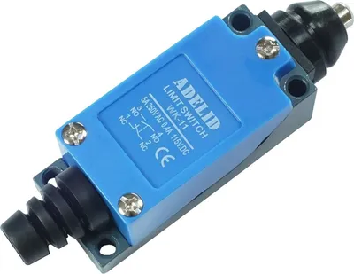 A blue and black limit switch is shown against a white background.
