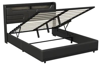 Produktbild von Stauraumbett 140 x 200 cm - Polsterbett Doppelbett - LED-Beleuchtung und USB-Anschluss - Kopfteil mit Stauraum - Lattenrost - PolyurethanKunstlederbezug - Schwarz