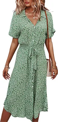 Image de ASKSA Femme Fleurs Robe d'été Polka Dots Robe décontractée, Vert, M