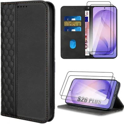 Image de Coque + 2 Verres Trempés pour Samsung Galaxy S26 Plus, Protection Antichoc Anti-Rayures Effet Cuir Noir Motif Mosaïque