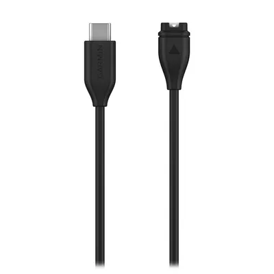 A black USB-C charging and data cable with a Garmin logo on a white background.