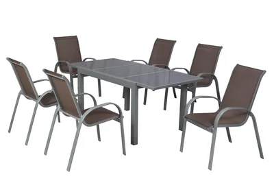 Produktbild von Merxx Gartenmöbelset Amalfi taupe 7tlg., 6 Stapelsessel, 1 Ausziehtisch 140 (200) x 90 cm - Aluminium/Textil