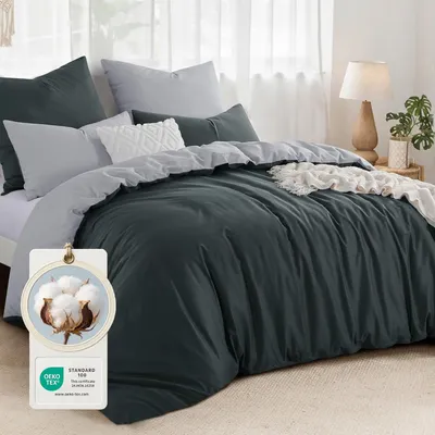 Imagen del producto de TRANKIELO® - Juego de ropa de cama de 200x200 cm - Algodón - Gris antracita - Reversible - 3 piezas con 2 fundas de almohada
