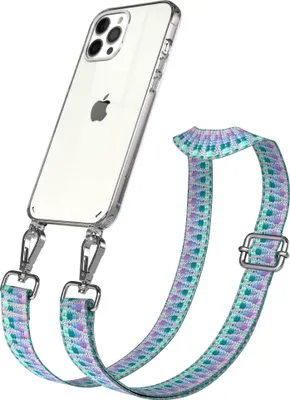 Produktbild von EAZY CASE Handykette - Verstellbarer Trageriemen kompatibel mit Apple iPhone 12 Pro Max, Handykordel mit transparenter Silikon-Hülle, Karabiner Silber, ZickZack Style, Band in Blau
