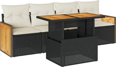 Image de vidaXL Ensemble de salon de jardin 5 pièces avec coussins Noir Poly rotin Acacia