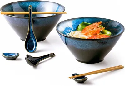 Productafbeelding van Ramen kom set 8-delig, keramisch, voor noodles, blauw, 2 kommen met lepels en chopsticks