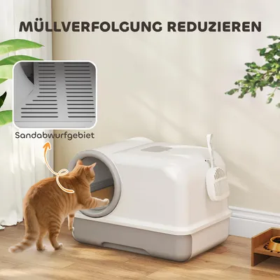 Produktbild von Katzentoilette mit Deckel, geschlossene Katzenklo mit Schaufel, ausziehbares Tablett, 2 Aktivkohlefilter, Weiß+Grau | 59 x 39,5 x 39,5 cm | bis 5 kg