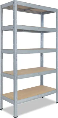 A metal shelving unit with wooden shelves against a white background.