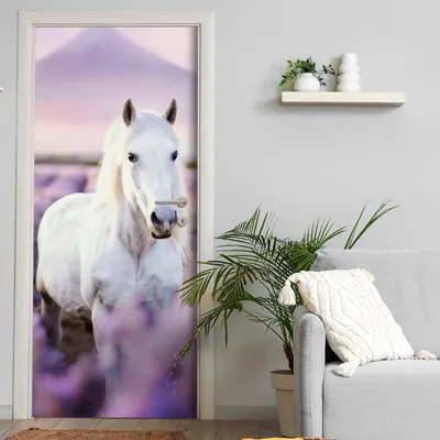 Produktbild von Türtapete selbstklebend | 200 x 90 cm Weißes Pferd, Lavendel | Tür Aufkleber Poster Türfolie | Einteilig | Wasserfest 3D Türaufkleber Klebefolie Wandtattoo