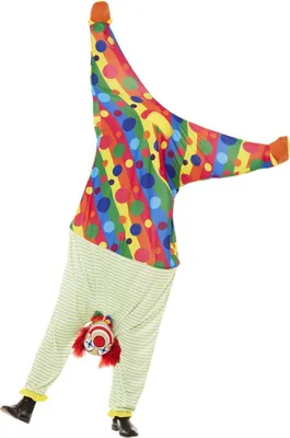A person wearing an upside-down clown costume.