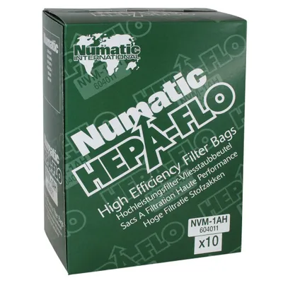 A green cardboard box for Numatic HEPA-FLO filter bags.
