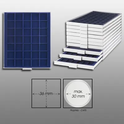 Produktbild von Prophila Collection Münzbox grau 35 eckige Fächer für Münzen bis 36mm, Blaue Einlage z. B. 10 DM, 10 Euro, 5 Rubel