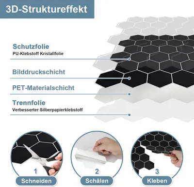 Produktbild von Izrielar Fliesenaufkleber 30x30cm Fliesen-Folie 10 Stück Deko selbstklebende Klebefliesen Schwarz für Küche Bad Wohnzimmer Zimmer