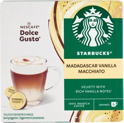 The image shows the front of a product box for Starbucks by Nescafé Dolce Gusto Madagascar Vanilla Macchiato coffee capsules.
