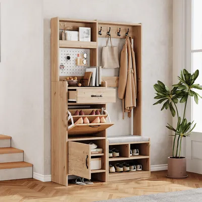 Produktbild von Garderoben-set Wandgarderobe Flurgarderobe Set mit Schuhbank Garderoben Set mit 4 Kleiderhaken 1 Schubladen und 2 Türen Natural B108.5xT35xH180cm