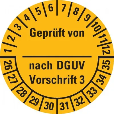 Produktbild von Dreifke® Prüfplakette von-nach DGUV Vor.3, 26-35, gelb, Dokufolie, Ø ...