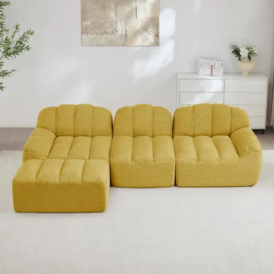 Immagine prodotto di Divano modulare a forma di L, con poggiapiedi, per 3 persone, imbottitura in schiuma 32D, seduta profonda, tessuto morbido (giallo)