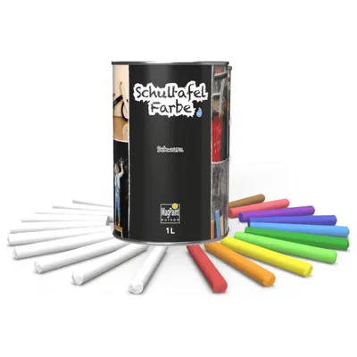 Produktbild von MagPaint Tafelfarbe Schwarz 1000 ml mit 20 Kreiden, Schultafelfarbe Set, für Wand, Holz & Metall