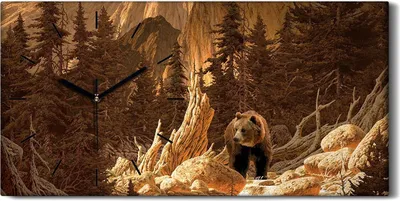 Produktbild von Küchenuhr Bürouhr Leinwand Uhr 60x30 Malerei Wald Bäume Bär Berg Natur Kunst - schwarze Hände