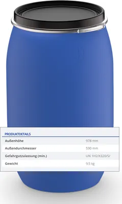 Produktbild von 220 Liter Maischefass Maischebehälter Deckelfass Blau Weithalsfass Lagerfass Transportfass Kunststofffass Futtertonne mit Gefahrgutzulassung