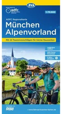 Obrázok produktu pre Regionálna mapa ADFC Mníchov Alpenvorland, 1:75 000, s návrhmi jednodňových výletov, odolná voči roztrhnutiu a poveternostným vplyvom, vhodná pre elektrické bicykle, stiahnutie GPS trás